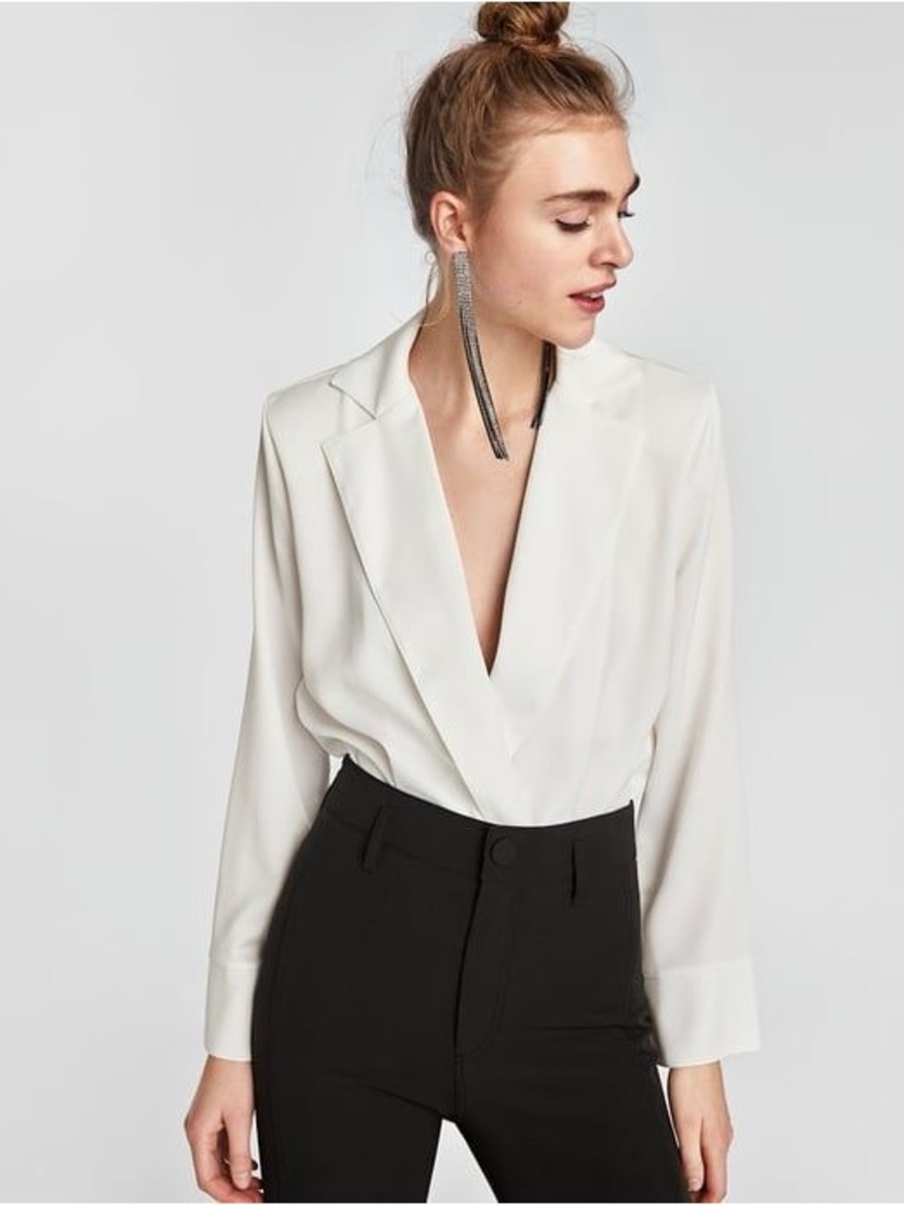 Zara Deep Plunge V-Neck Collared Long Sleeve White Bodysuit Size S